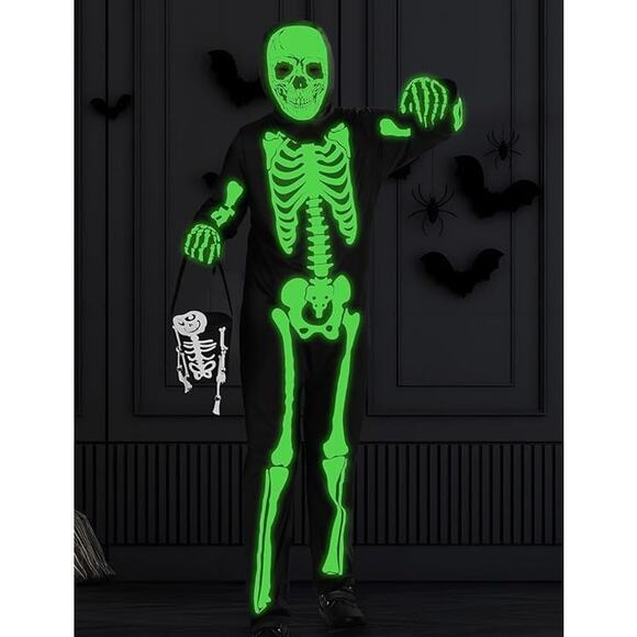 Glow in The Dark Skeleton Costume 2 Piece Set includes Jumpsuit Treat Bag size M - Picture 6 of 6
